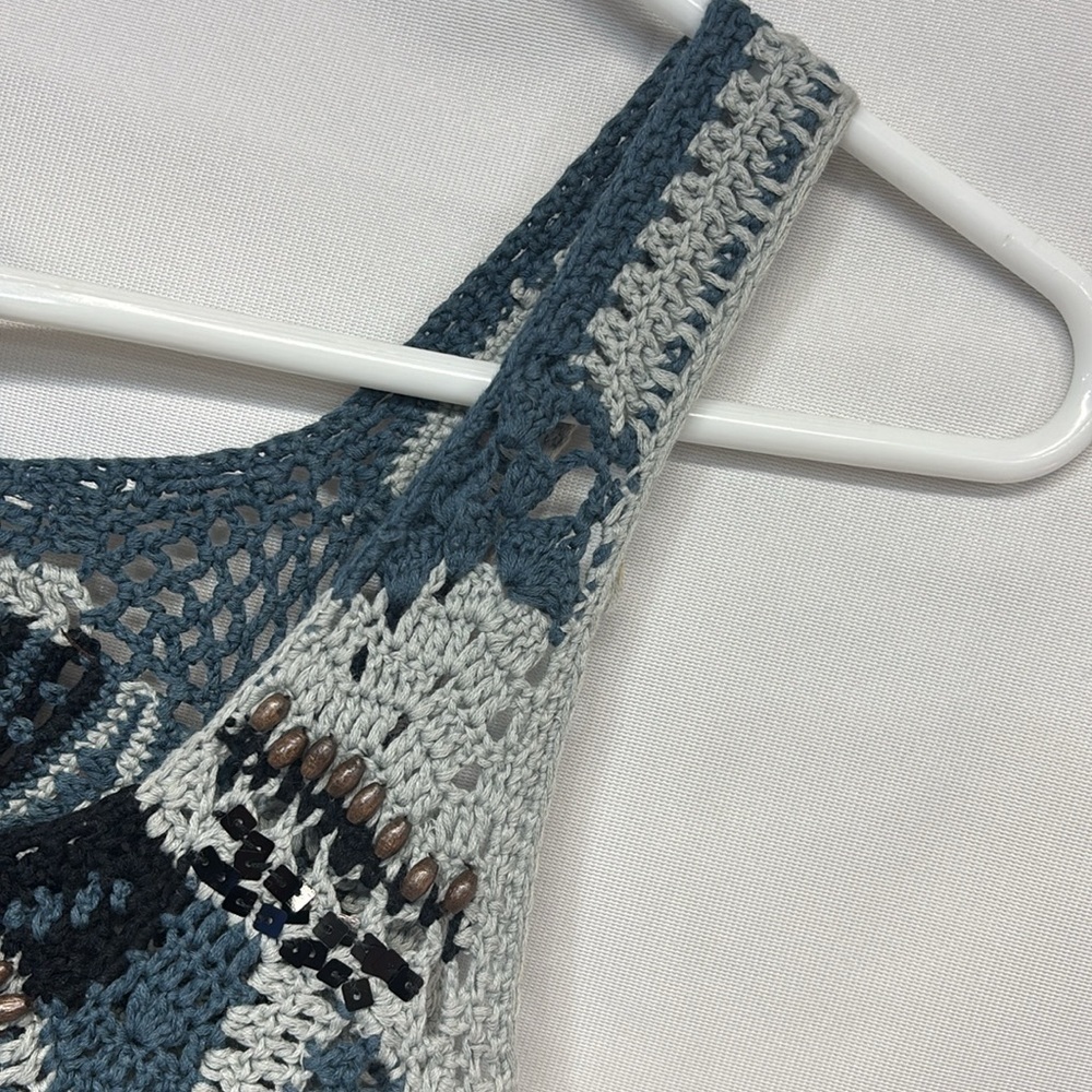 FREE PEOPLE Shades of Blue Crochet Hand Beaded Knit
Mini  skater Dress xs - Picture 11 of 12